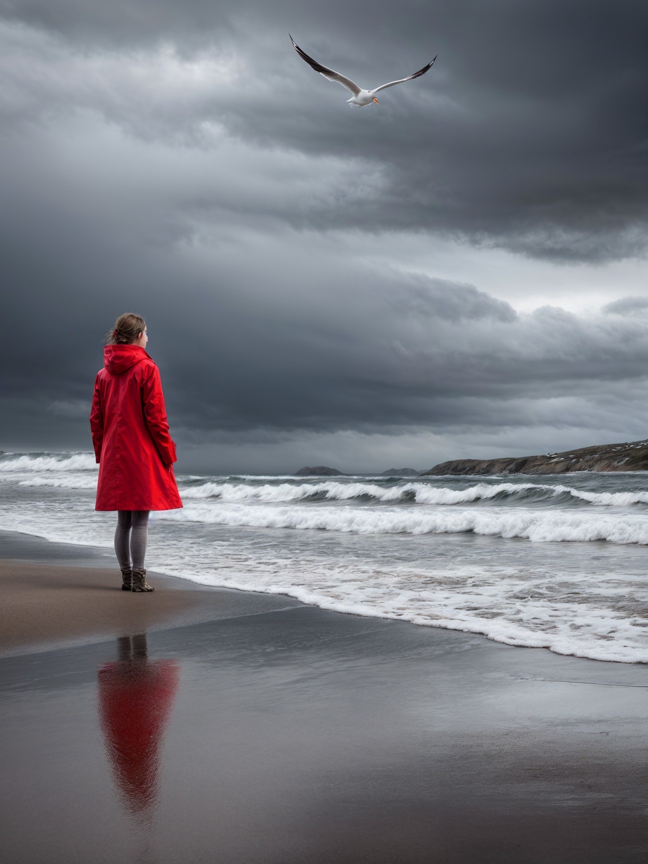 Solitary Figure in Red Coat on Windswept Beach