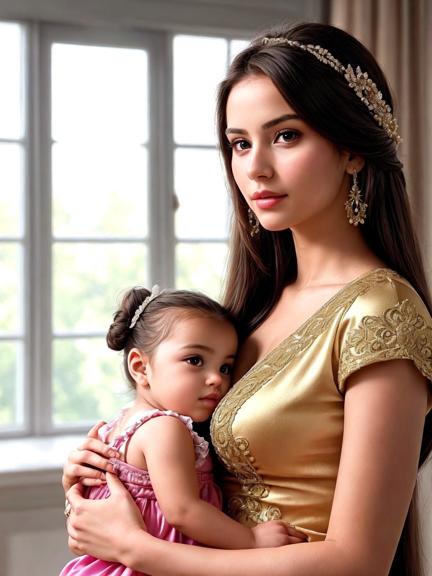 Young Woman in Golden Outfit with Little Girl in Pink Dress