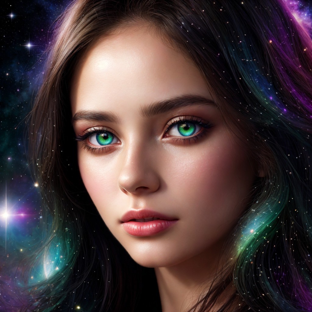 Digital Artwork of Woman with Galaxy Hair and Stars