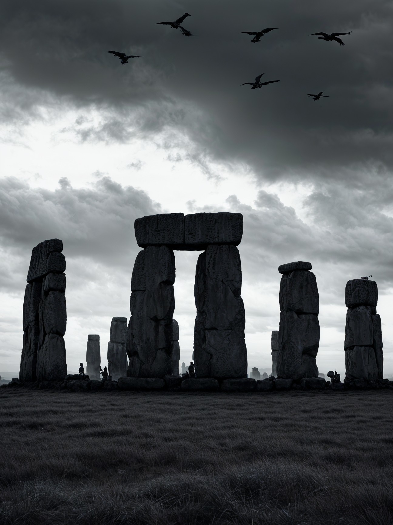 Monochrome Stonehenge Scene with Dramatic Sky