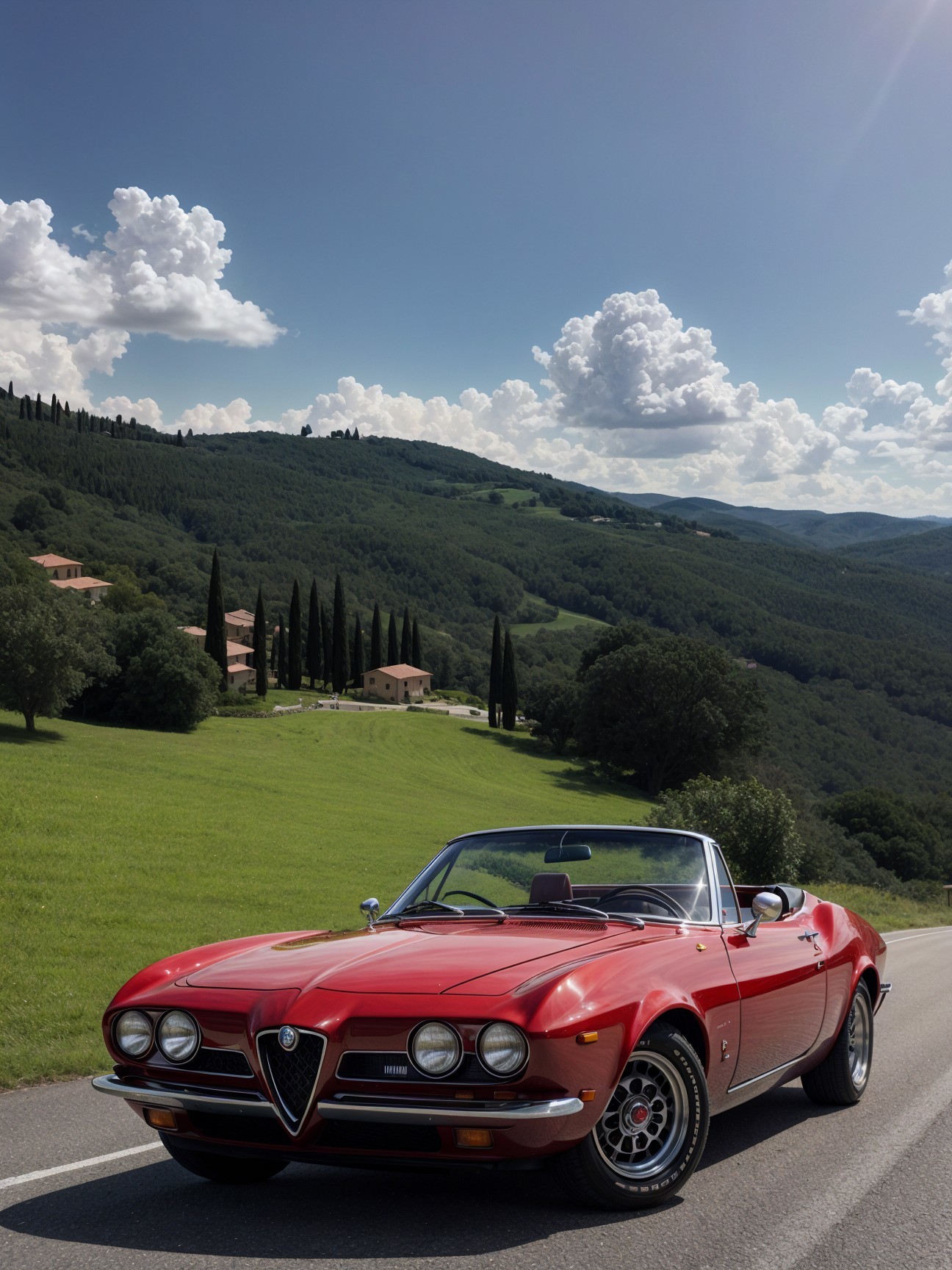 Vintage Red Convertible on Scenic Road with Hills
