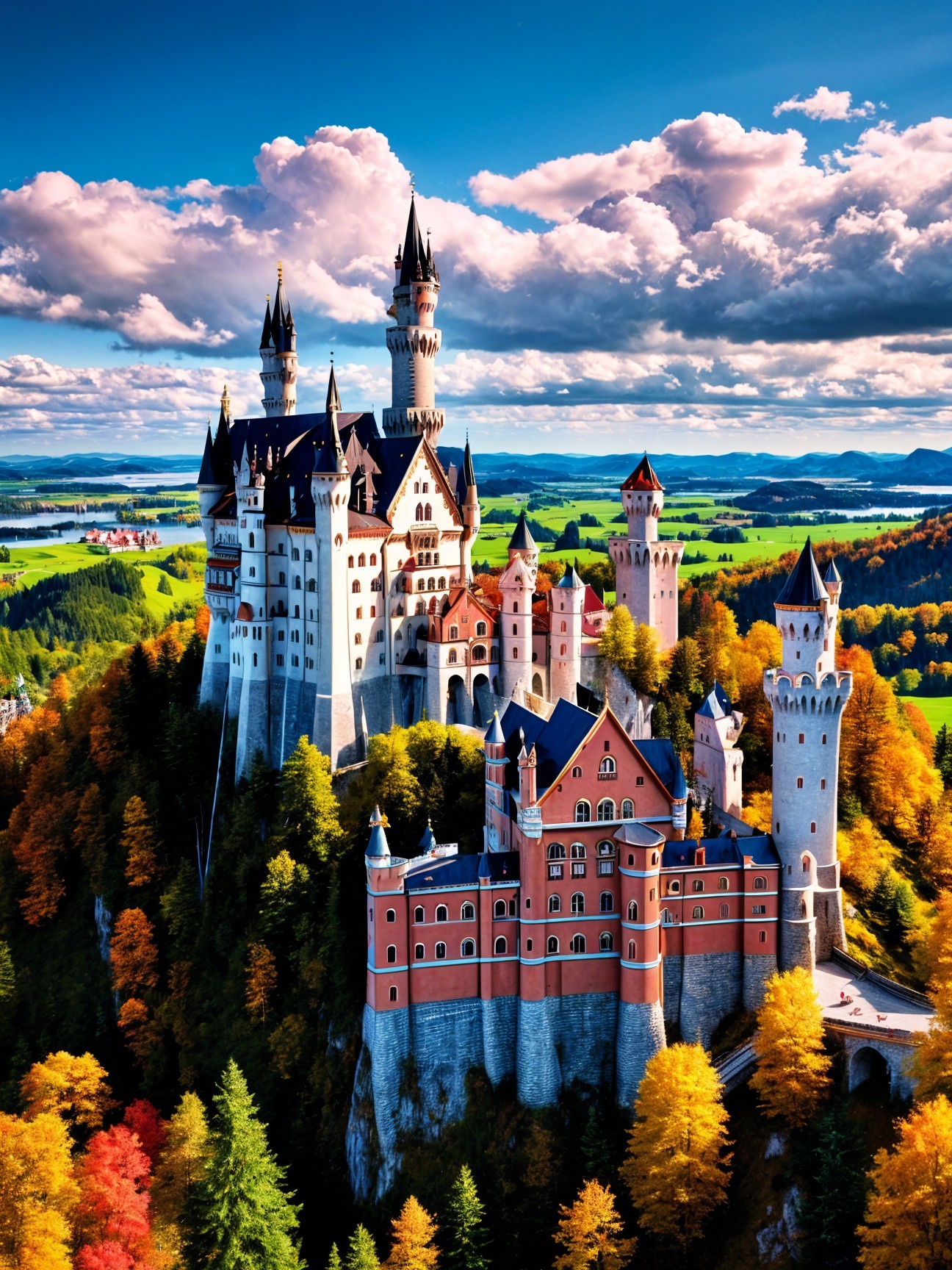 Medieval Castle Surrounded by Autumn Foliage and Hills