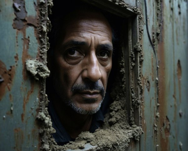 Middle-aged man gazing through a weathered window