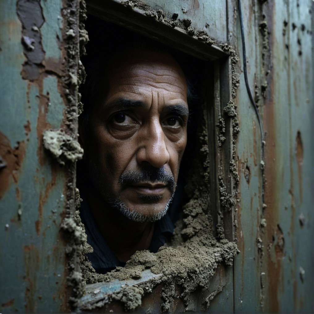 Middle-aged man gazing through a weathered window