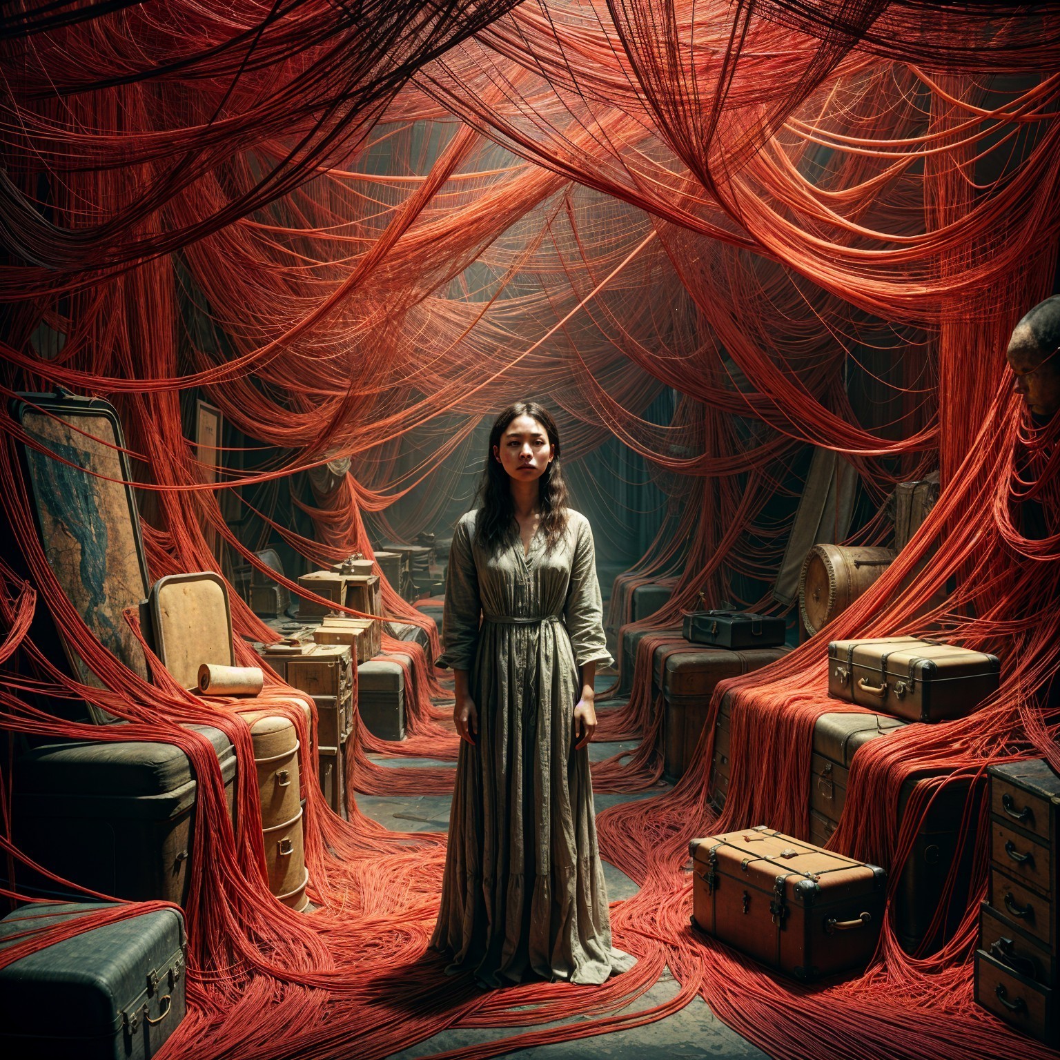 Woman in Gray Dress Surrounded by Red Threads