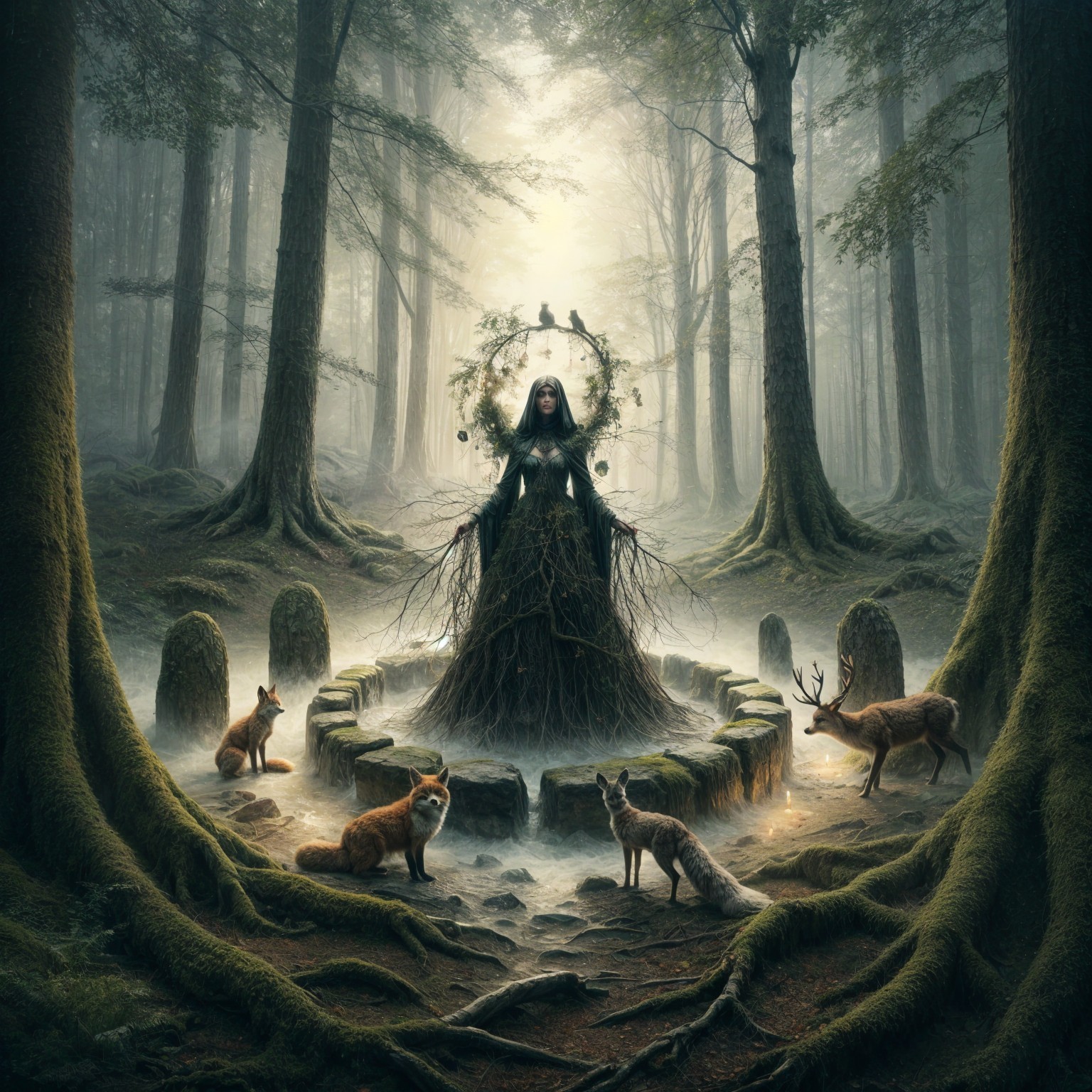 Mystical Forest Scene with Nature's Spirit and Creatures