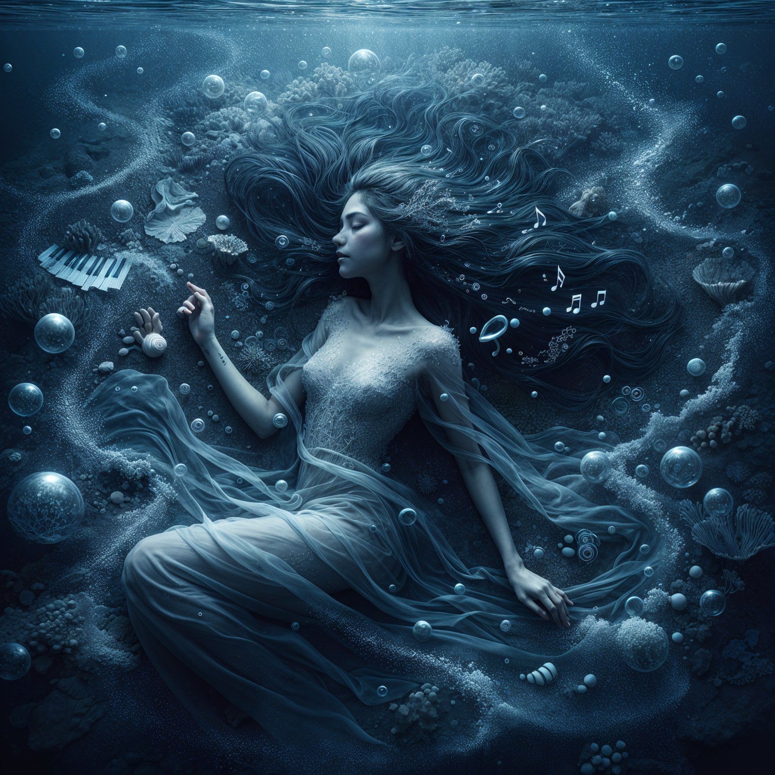 Underwater Scene with Woman, Marine Life, and Corals