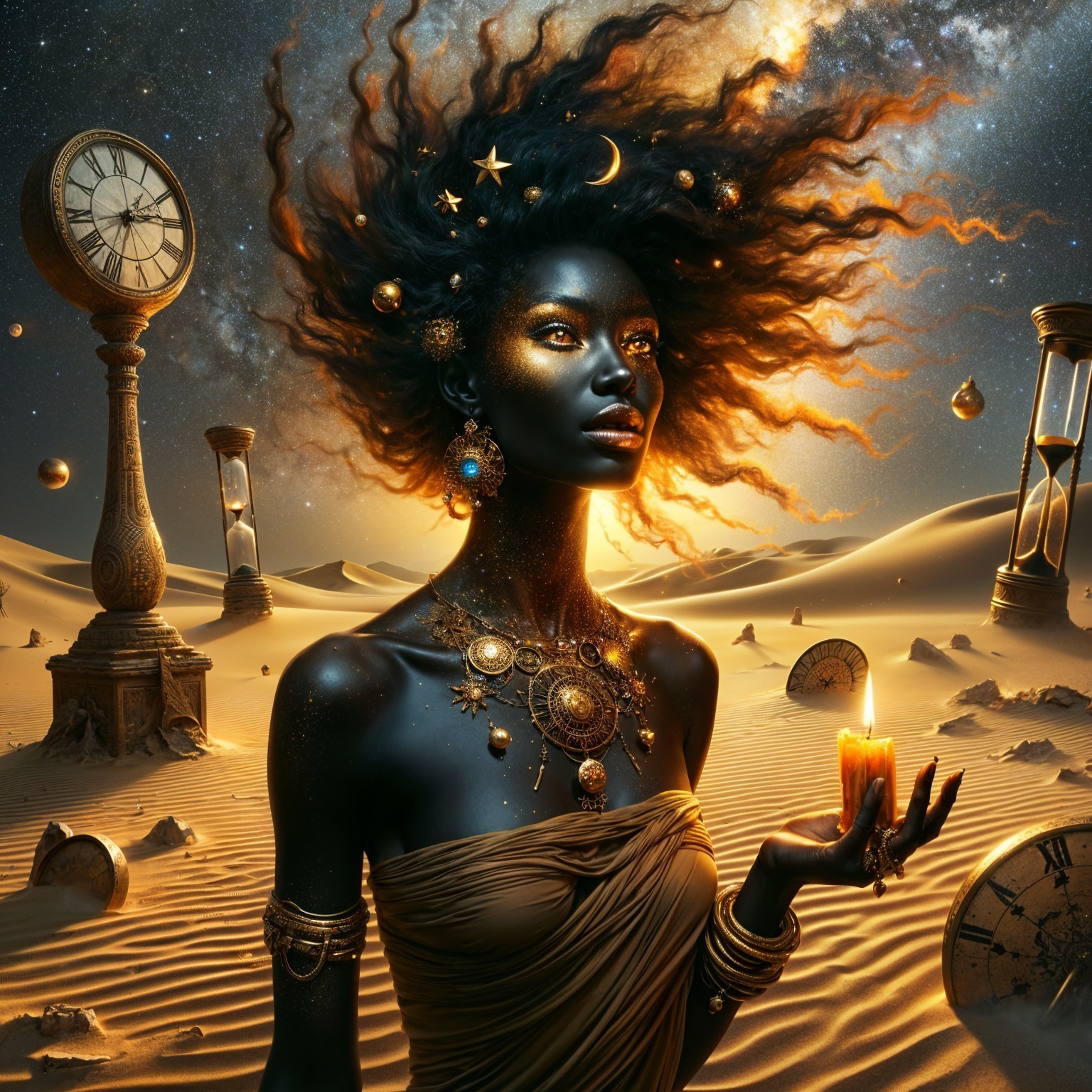 Surreal Figure in Cosmic Desert with Clocks and Candle