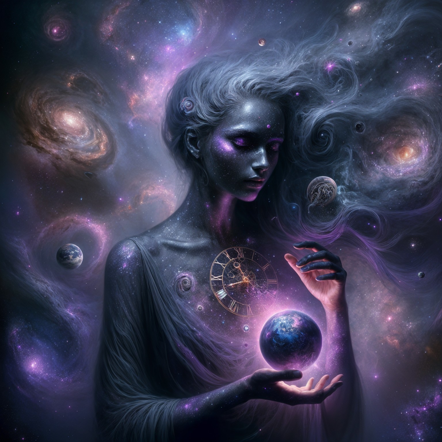 Celestial Figure in Cosmic Landscape with Glowing Orb