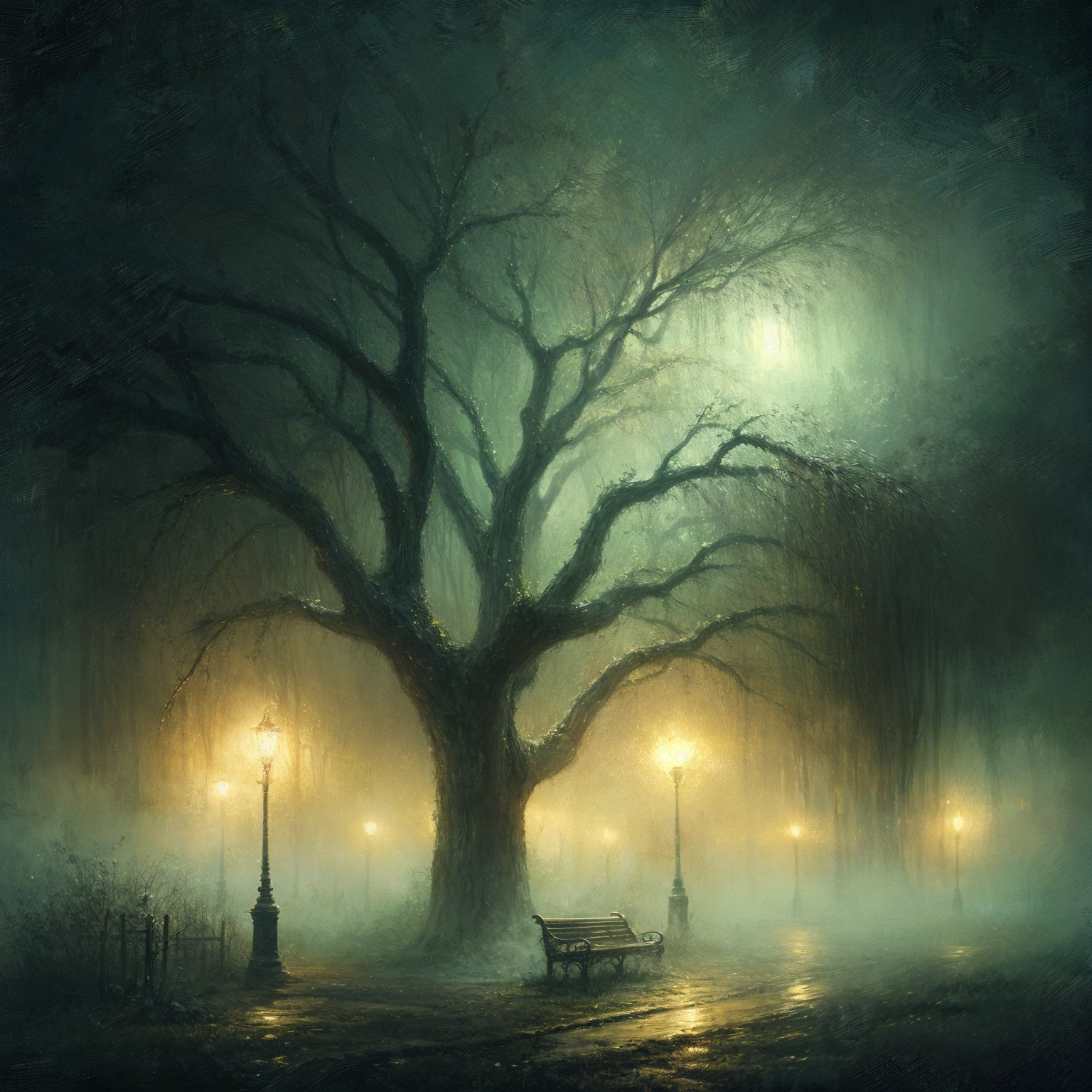 Misty Park Scene with Gnarled Tree and Lampposts