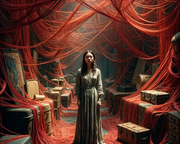 Woman in Gray Dress Surrounded by Red Threads