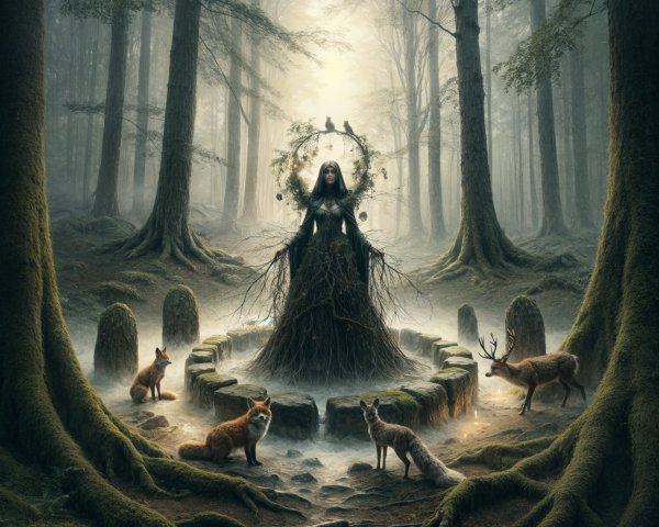 Mystical Forest Scene with Nature's Spirit and Creatures