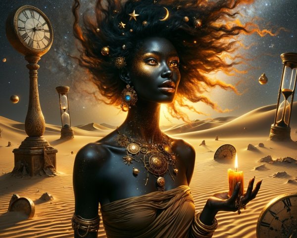 Surreal Figure in Cosmic Desert with Clocks and Candle