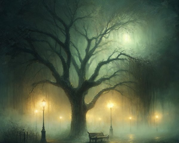 Misty Park Scene with Gnarled Tree and Lampposts