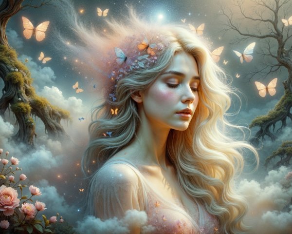 Serene woman in a dreamlike floral landscape