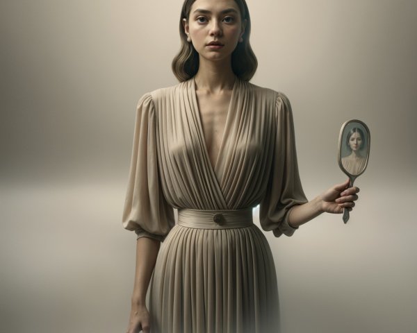 Woman in Neutral Dress with Vintage Mirror in Soft Light