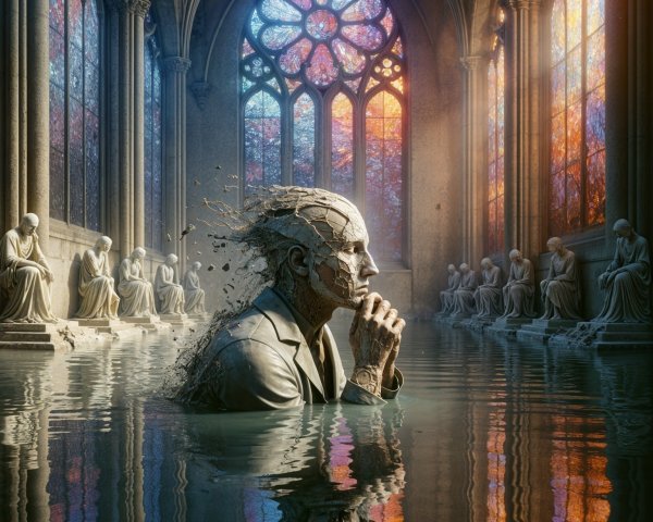 Reflection in a Dimly Lit Cathedral with Water and Statues