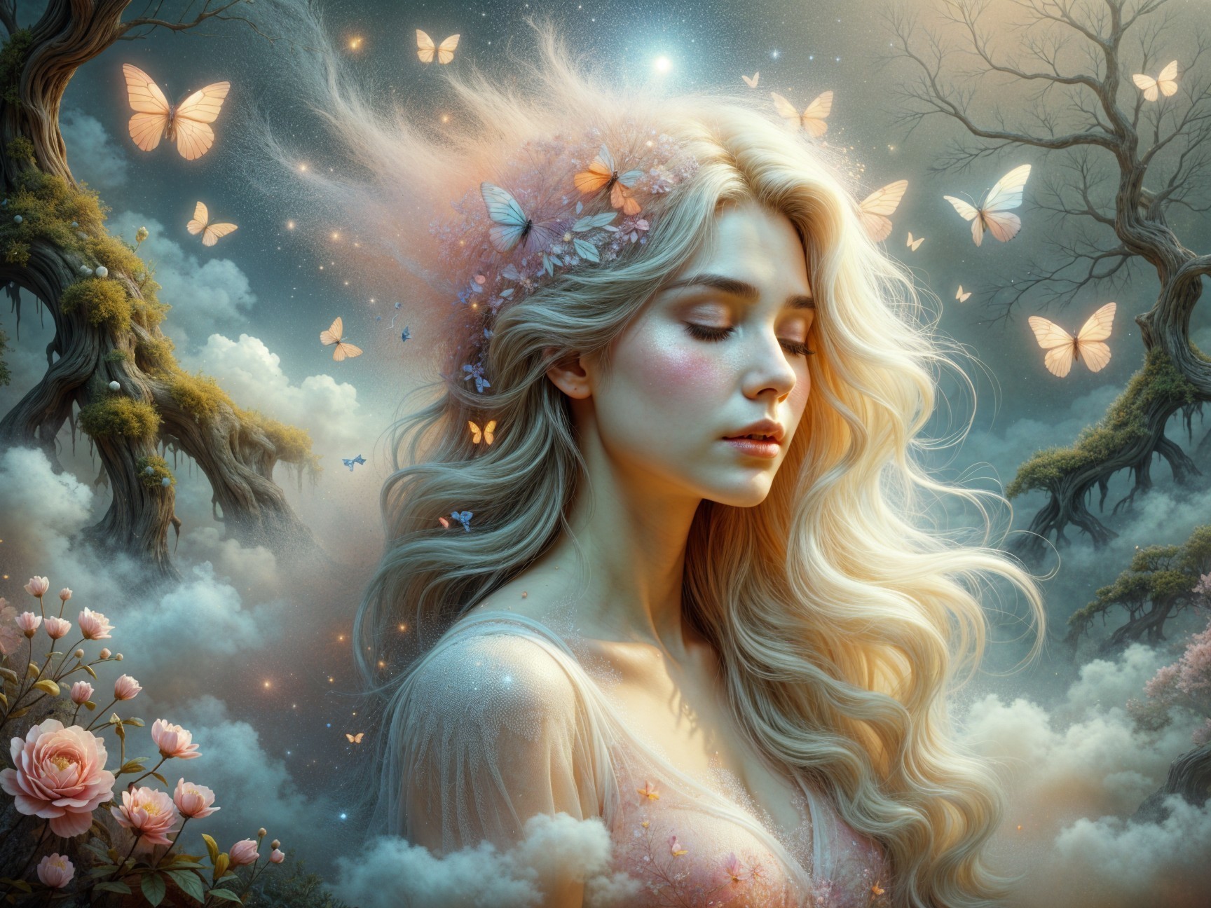 Serene woman in a dreamlike floral landscape