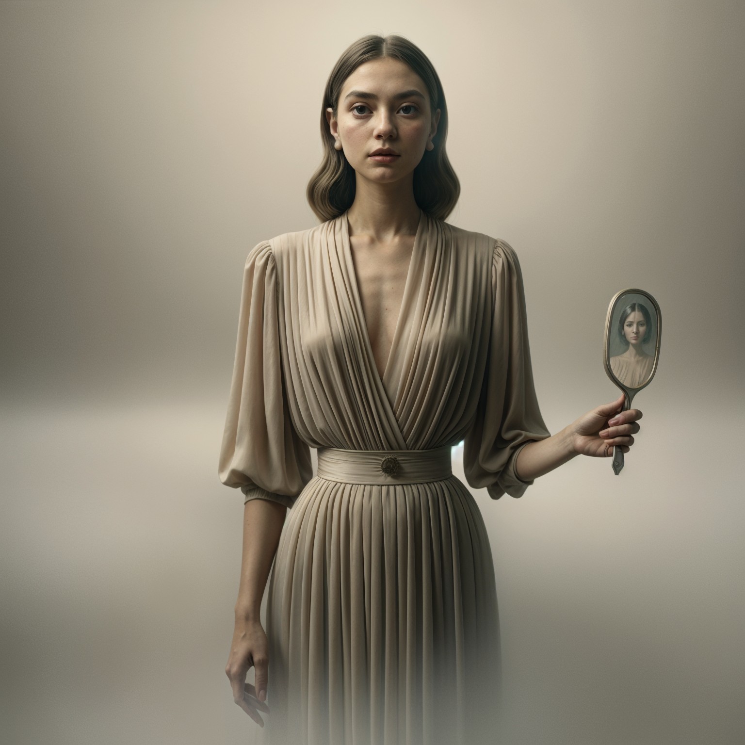 Woman in Neutral Dress with Vintage Mirror in Soft Light