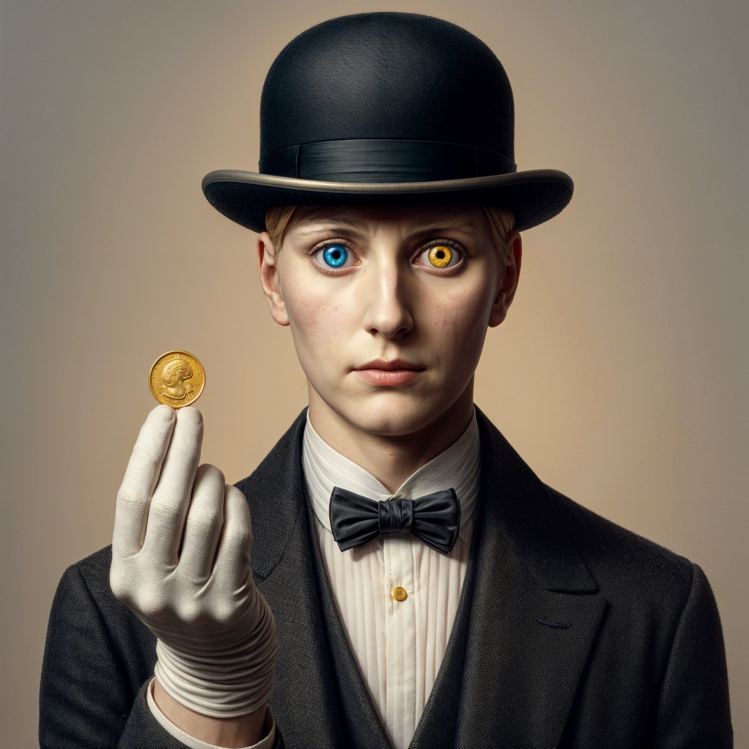 Sophisticated Figure with Gold Coin and Unique Eyes