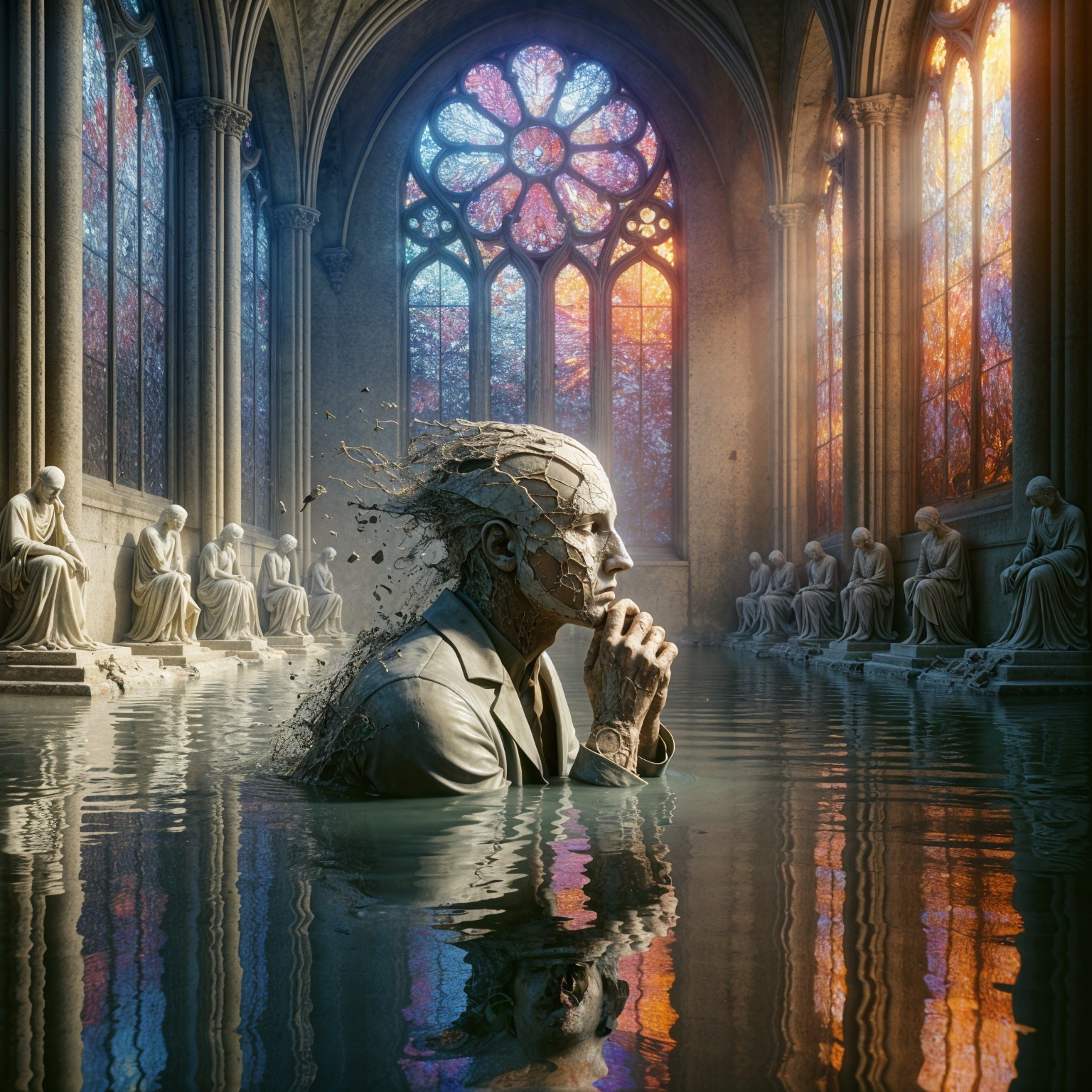 Reflection in a Dimly Lit Cathedral with Water and Statues