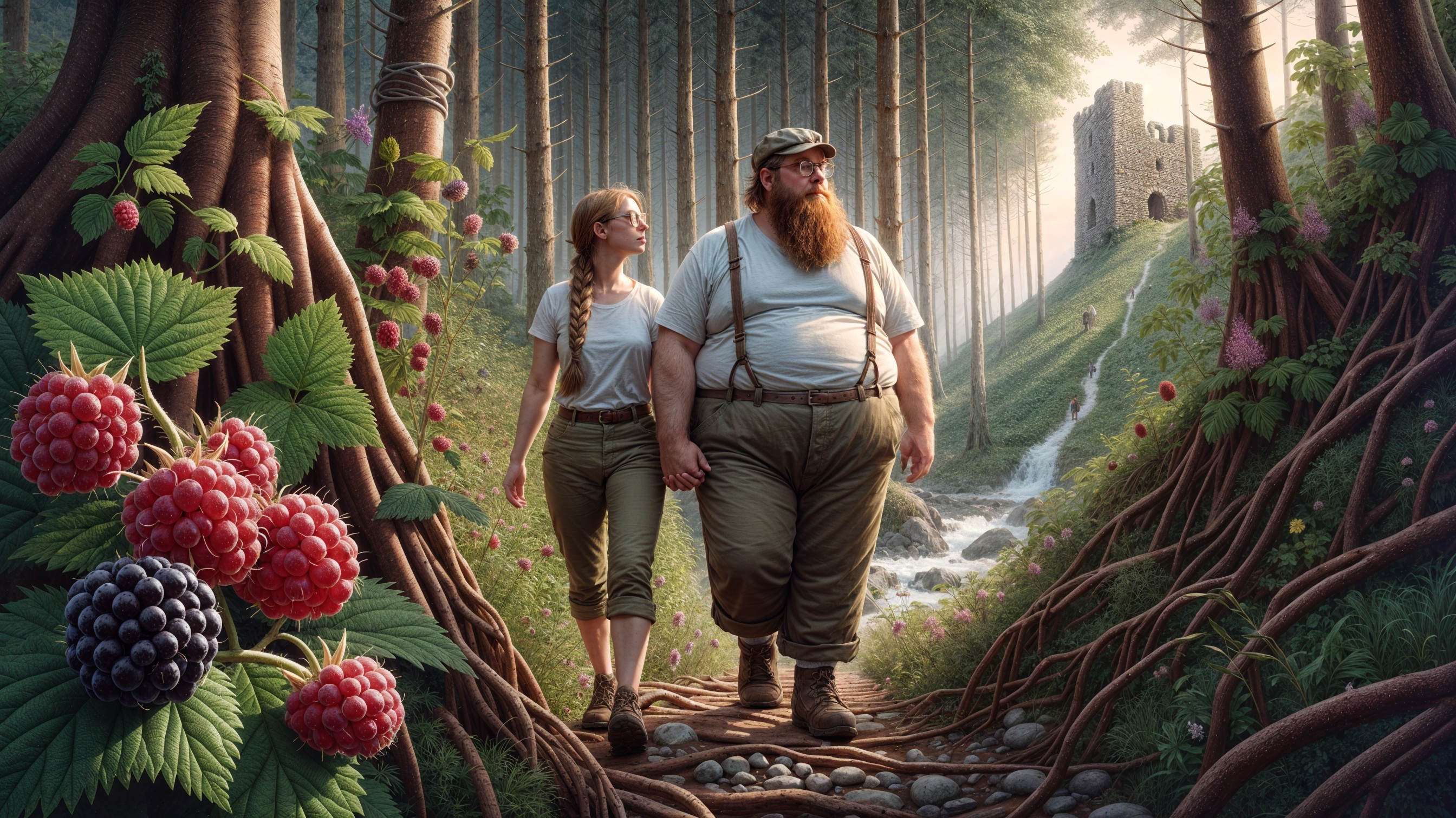 Couple Walking in Lush Forest with Stream and Ruins