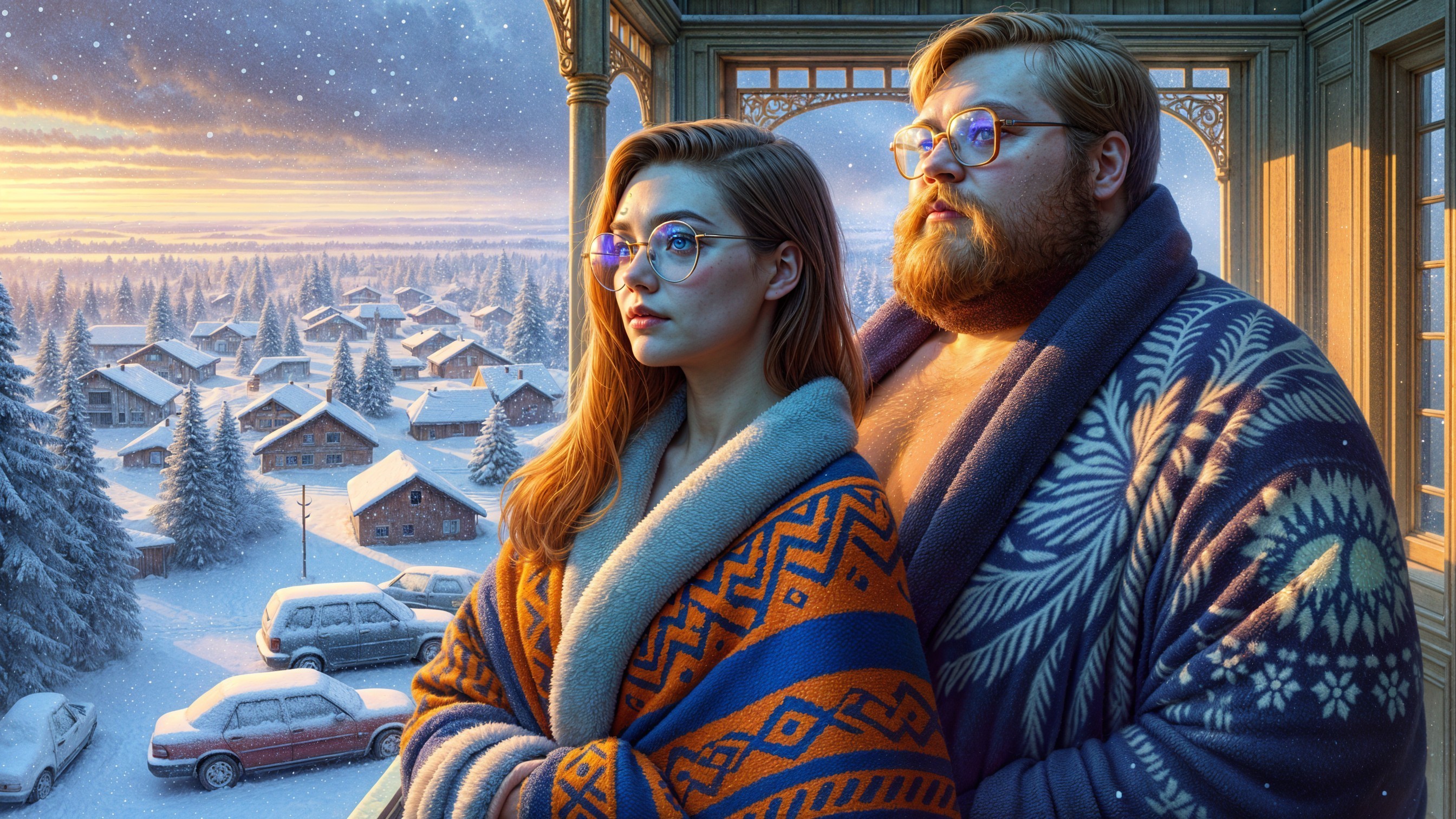 Cozy winter cabin scene with a couple and sunset