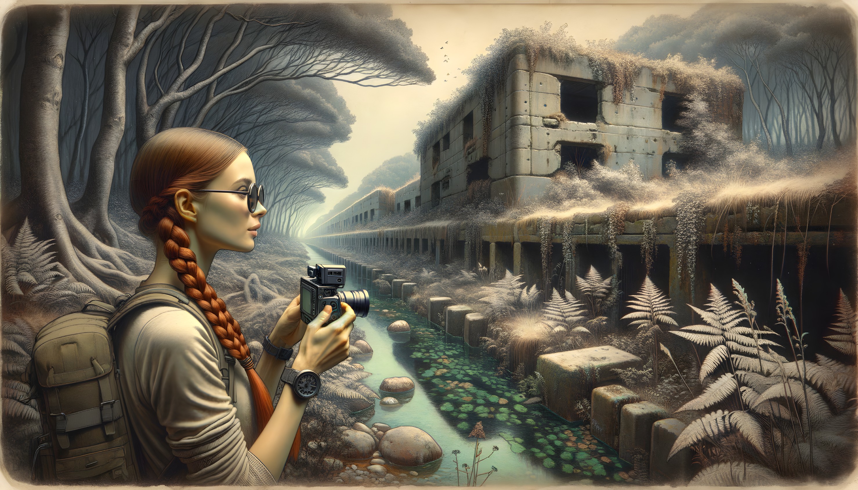 Young Woman with Camera by Serene Waterway Scene