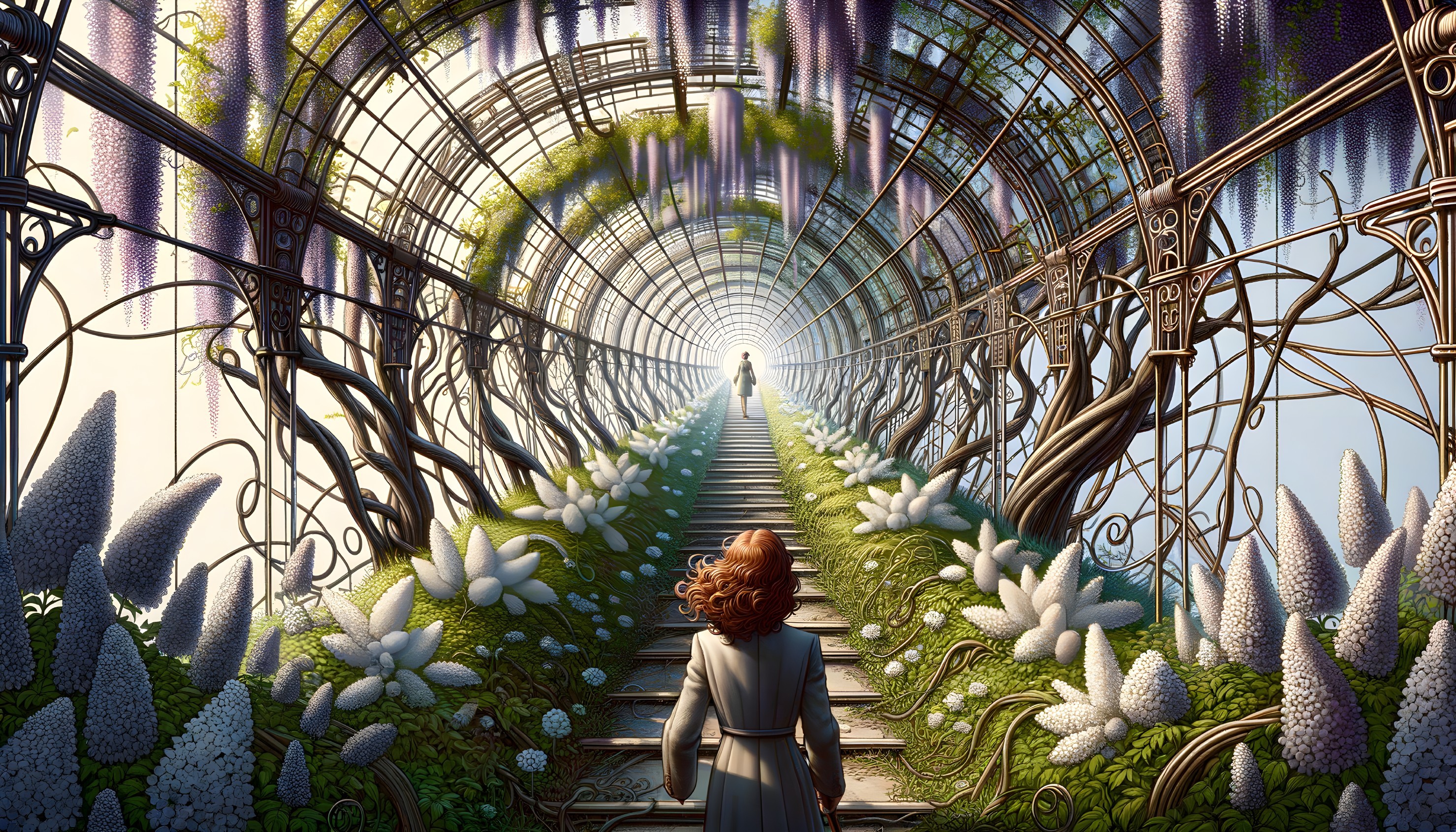 Woman at vine-covered arched pathway with flowers