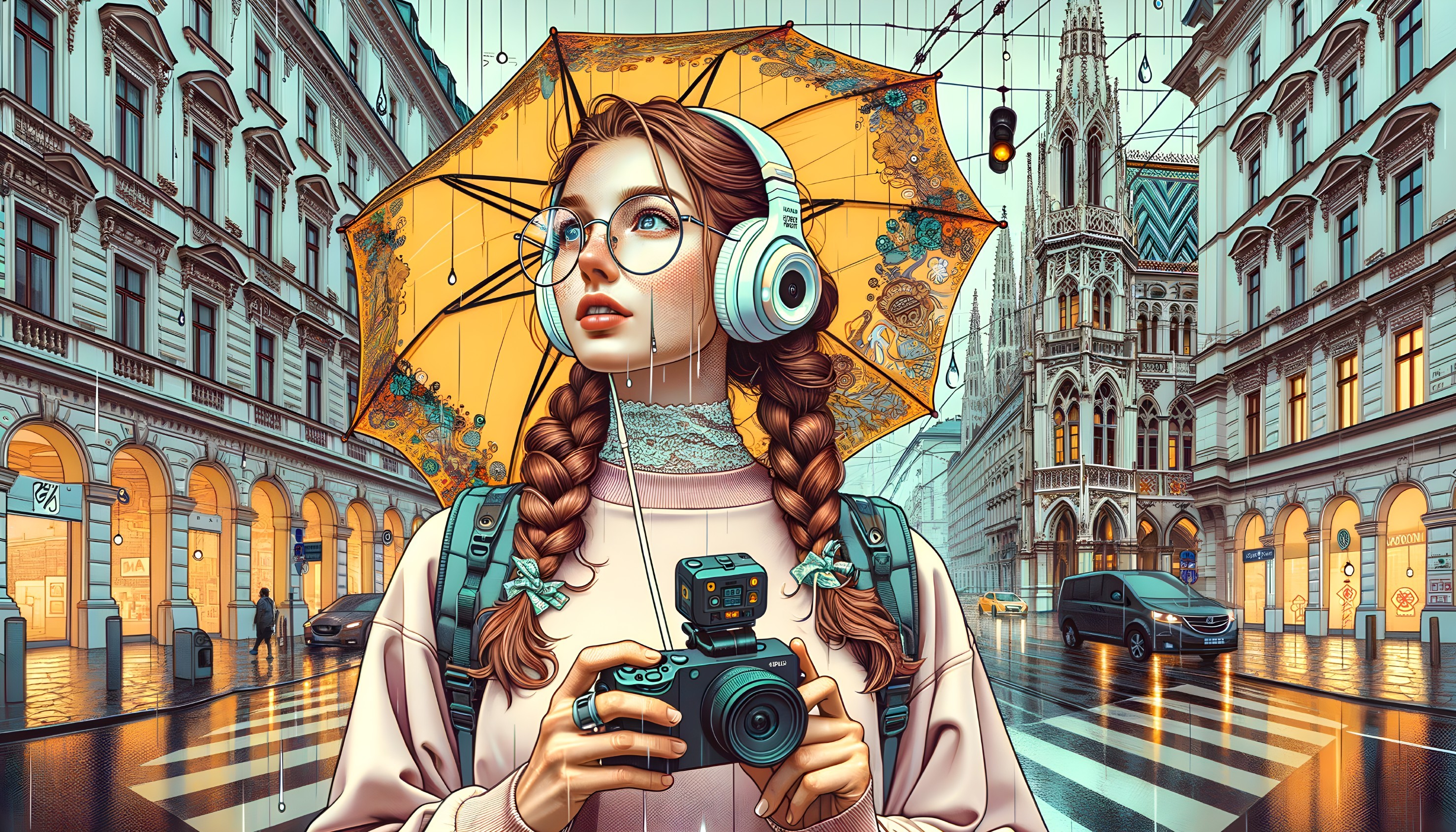 Young Woman with Camera in Rainy Cityscape