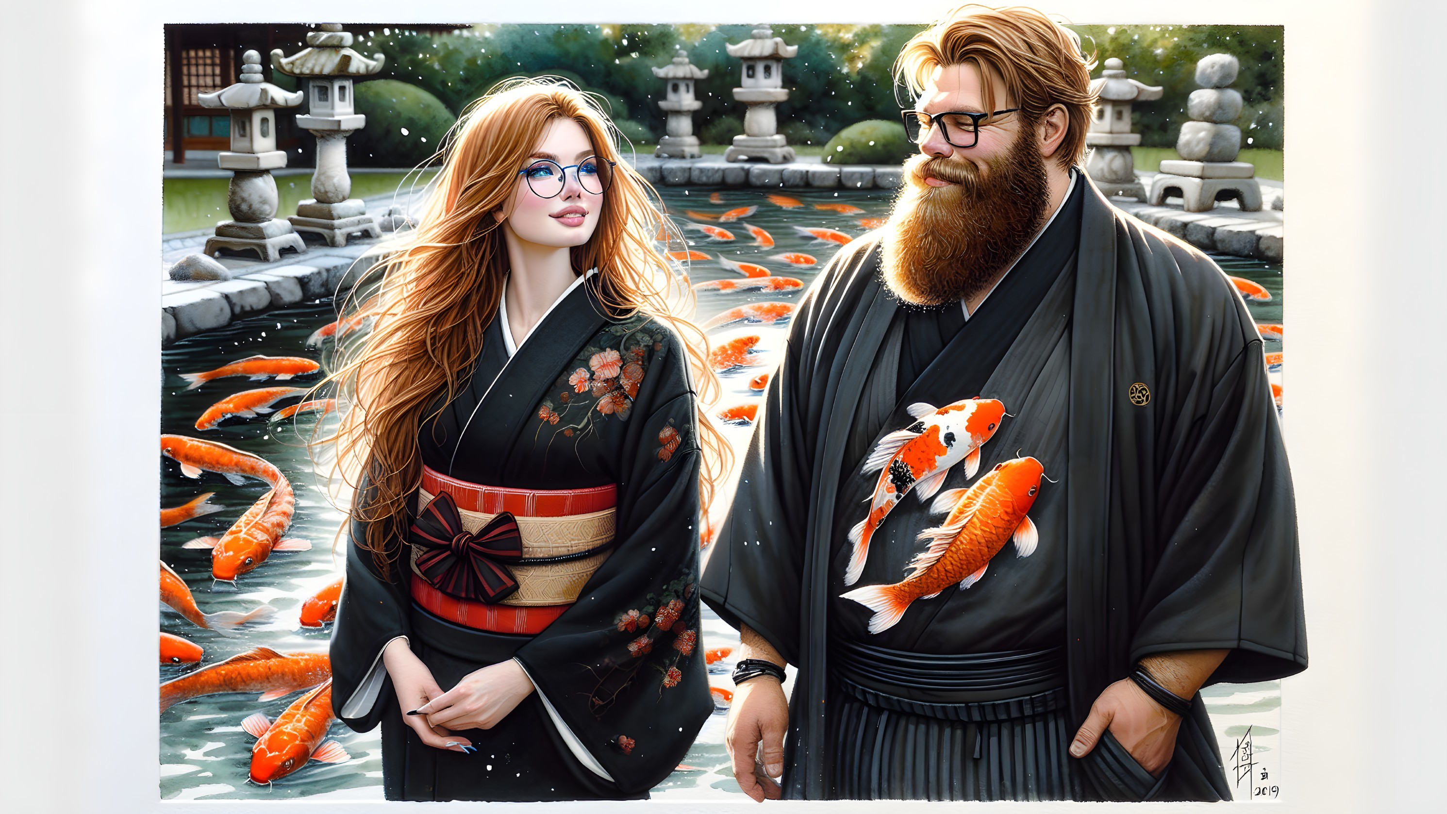 Couple by Tranquil Pond with Koi Fish and Lanterns