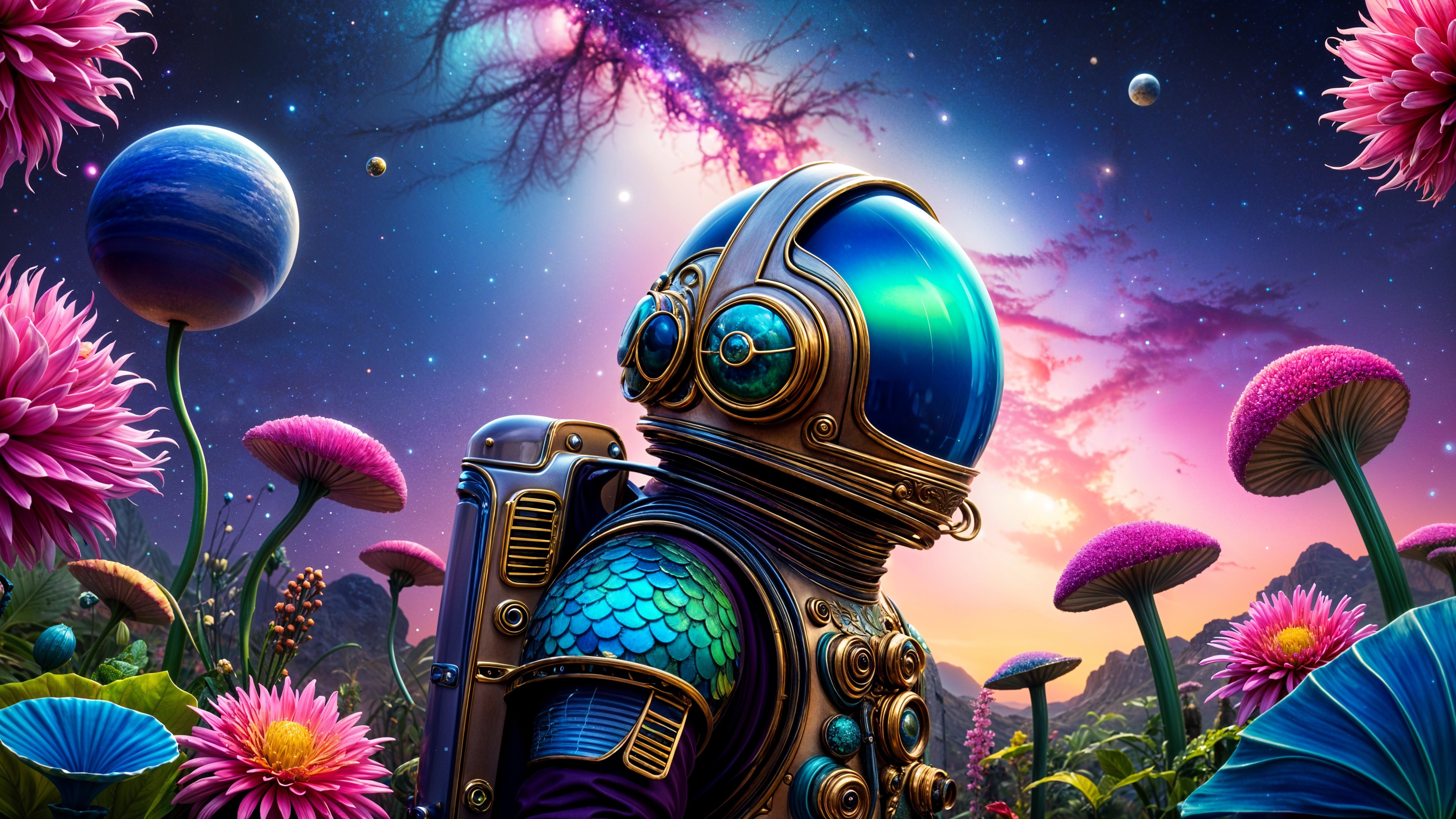 Vibrant Cosmic Landscape with Astronaut and Flowers