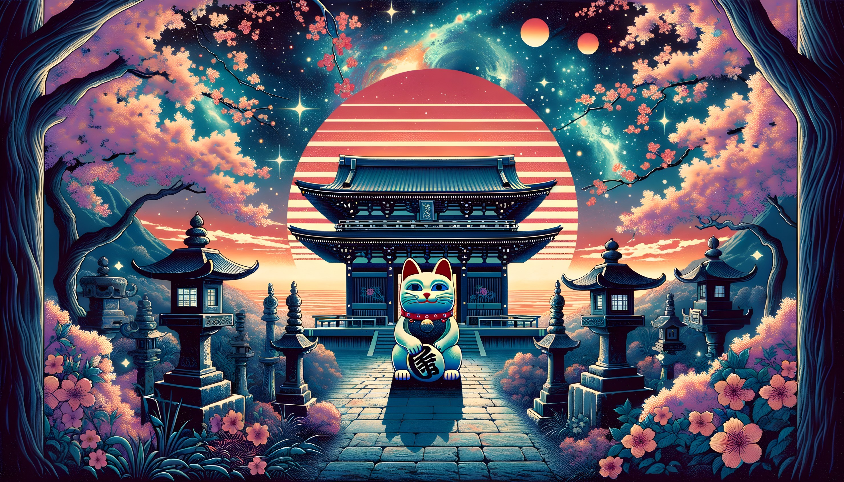 Serene temple amidst cosmic galaxies and cherry blossoms