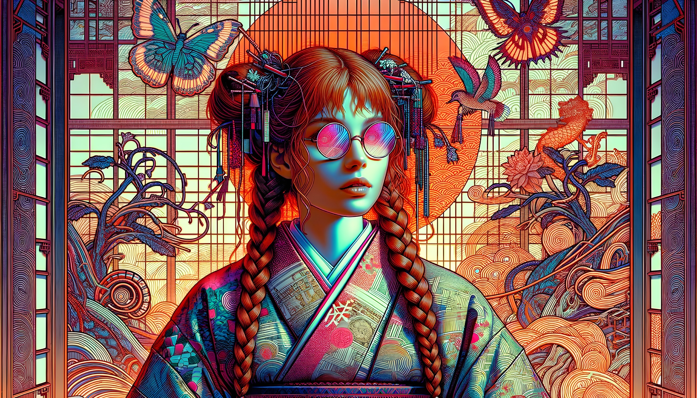 Young Woman in Colorful Kimono with Vibrant Background