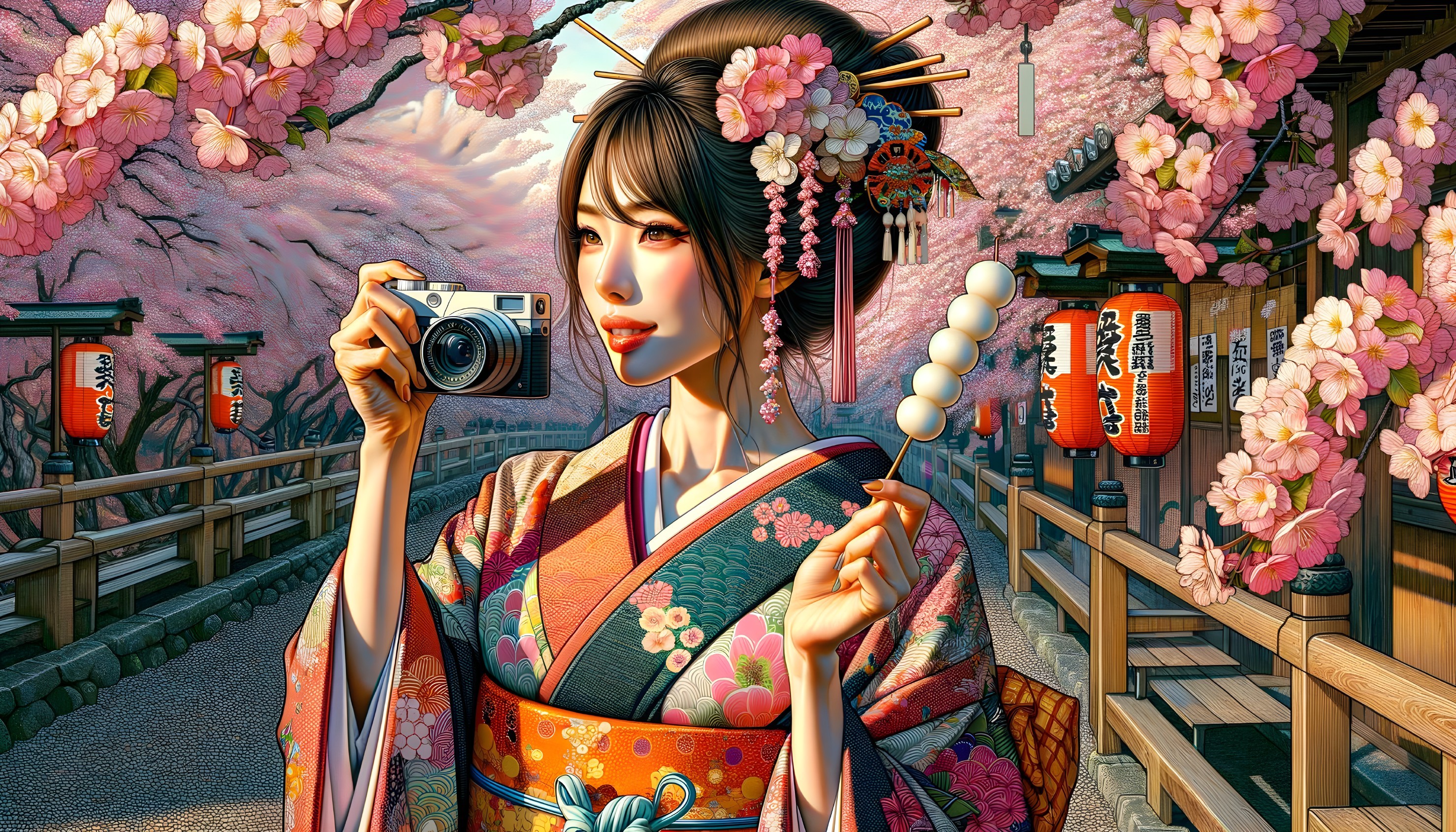 Woman in Kimono Under Cherry Blossoms with Dango