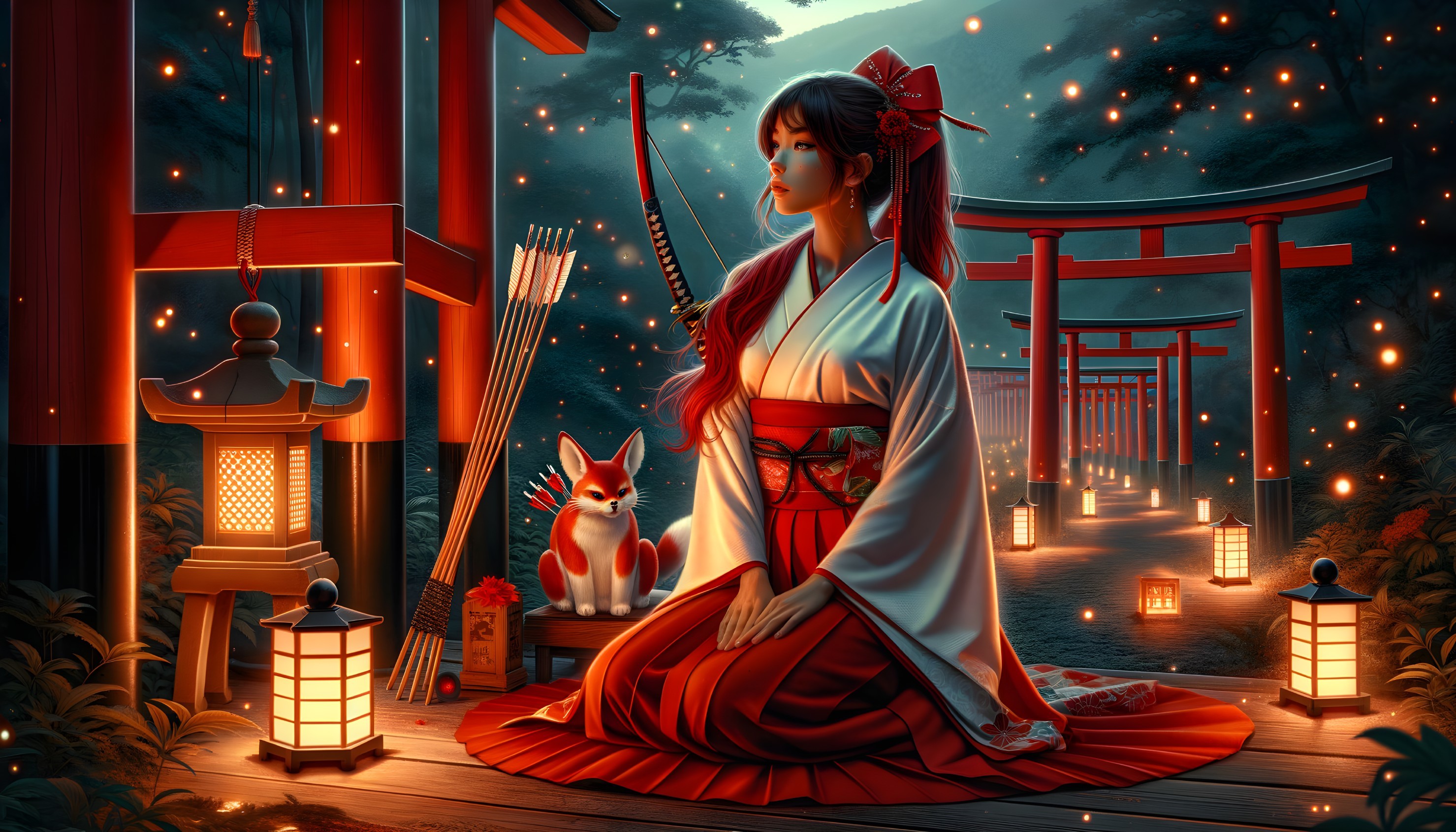 Woman in Kimono Surrounded by Lanterns and Torii Gates