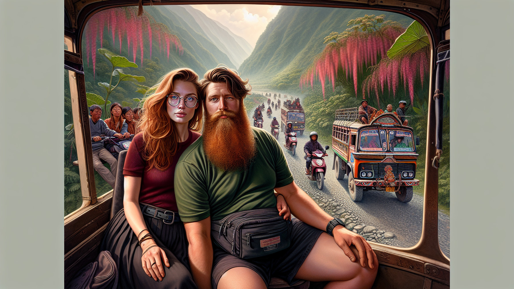 Couple in Vehicle Surrounded by Scenic Mountains and Greenery