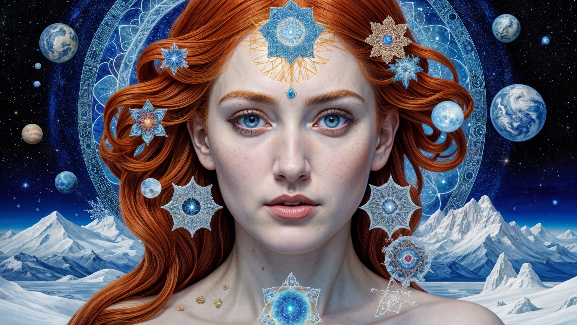 Young Woman Amidst Snowflakes and Celestial Motifs