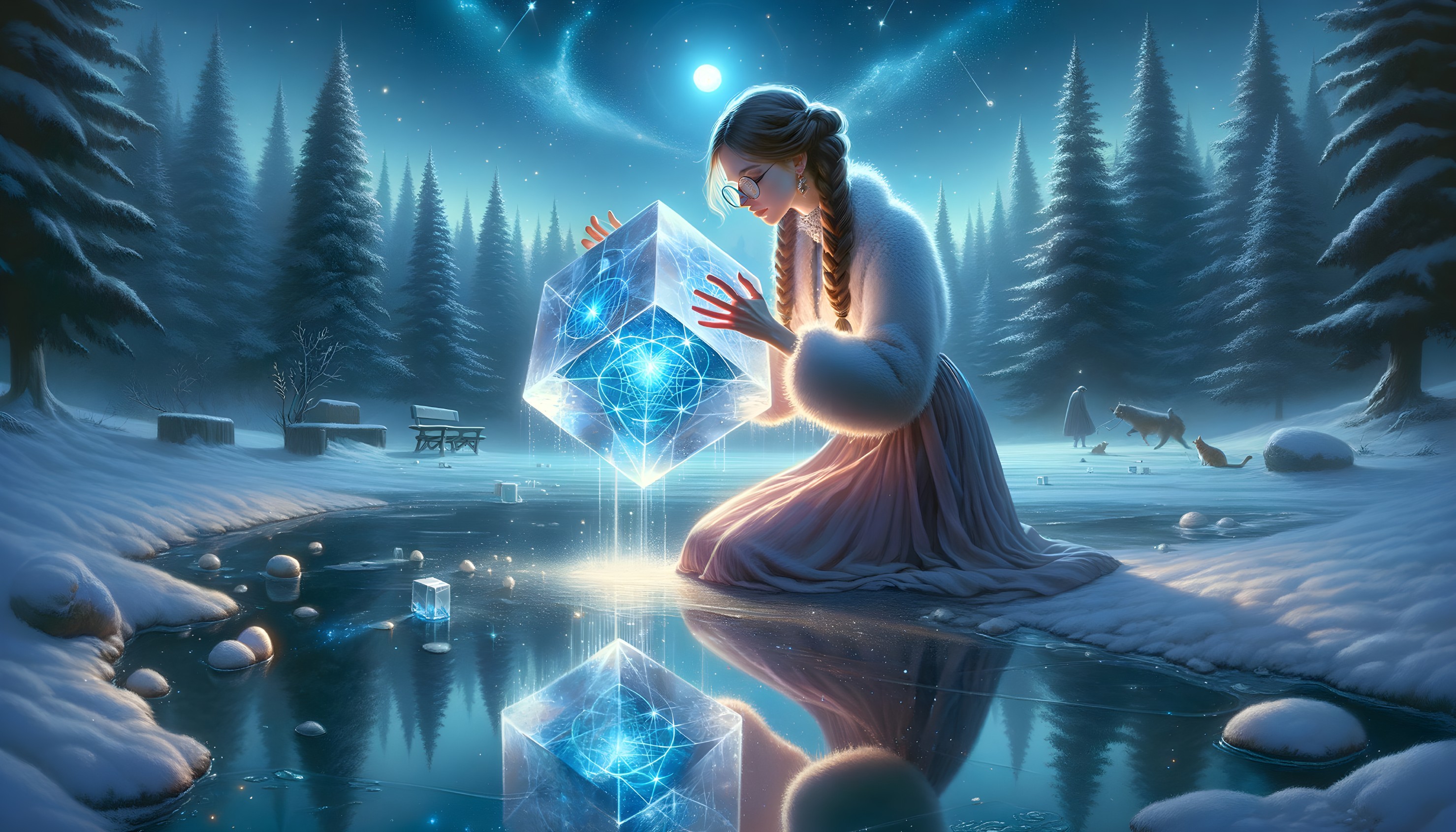 Young girl by frozen lake in enchanting winter scene