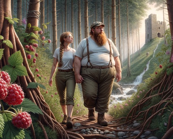 Couple Walking in Lush Forest with Stream and Ruins