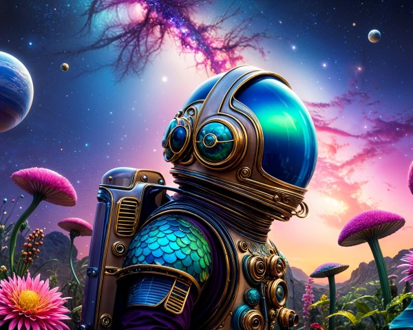 Vibrant Cosmic Landscape with Astronaut and Flowers