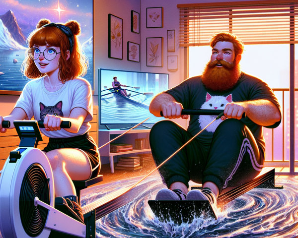 Cozy Room with People Rowing on Exercise Machines