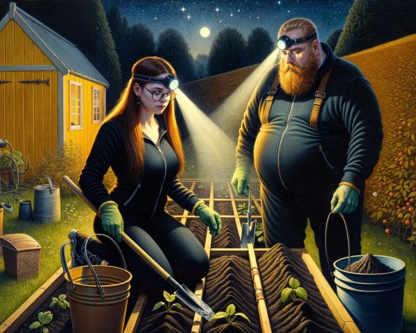 Garden Scene at Night with Two Workers and Tools