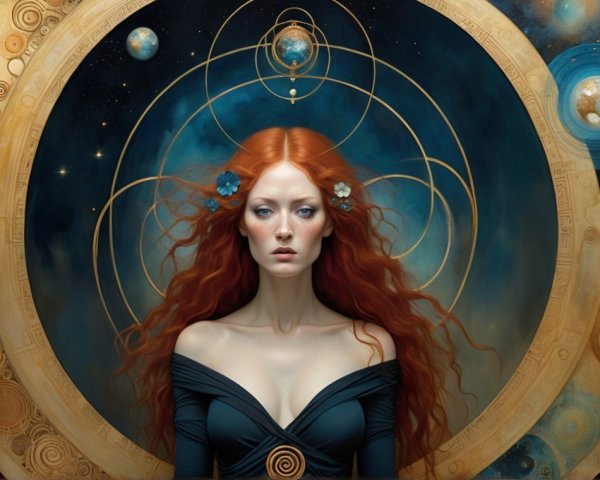 Woman with Red Hair in Cosmic Setting