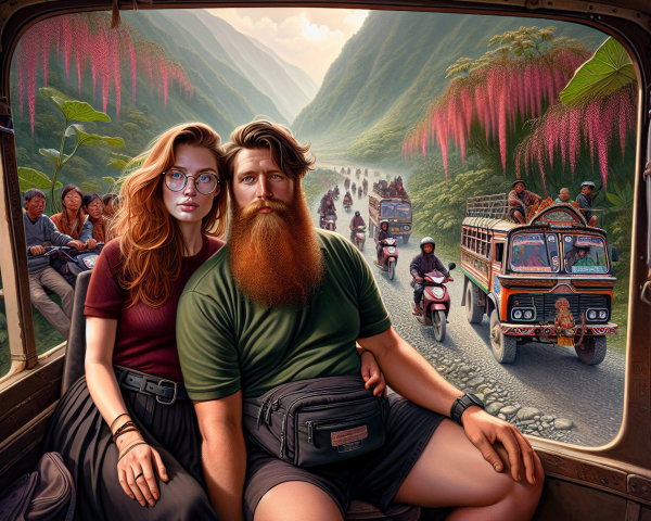 Couple in Vehicle Surrounded by Scenic Mountains and Greenery