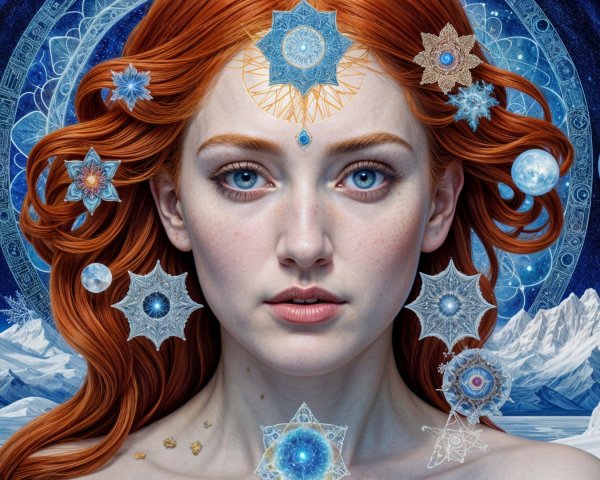 Young Woman Amidst Snowflakes and Celestial Motifs