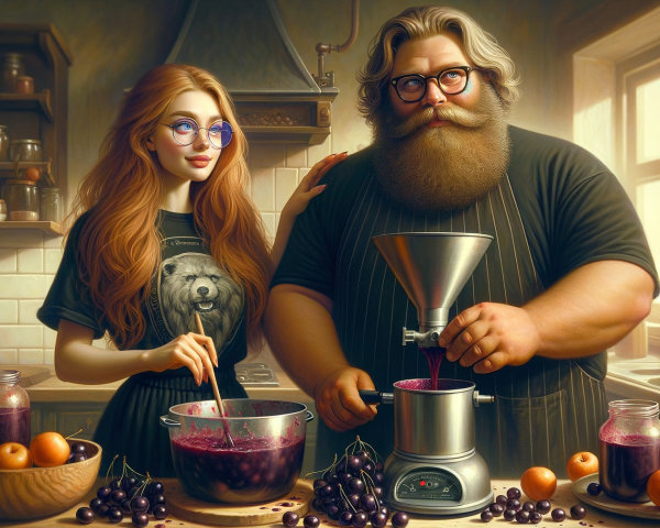 Cozy Kitchen Scene with Grape Preparation and Jars