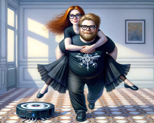 Whimsical Interior with Playful Couple and Robot Vacuum