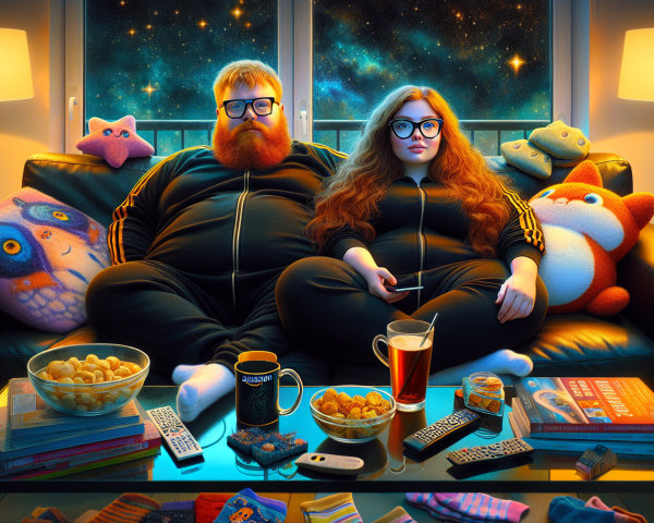 Cozy Living Room with Couple in Matching Tracksuits