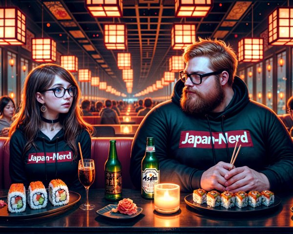 Sushi Restaurant Scene with Colorful Cuisine and Diners